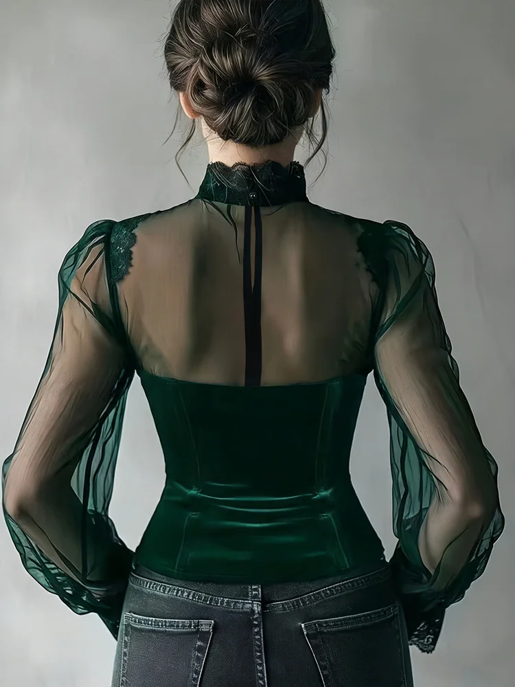 Vintage Elegante Mesh-Damenbluse Schwarze Transparente Slim-Fit Bluse mit Hohem Kragen Spitze Gothic Punk Korsett-Top Langarm Samt Mode-Blusen – Detail 10
