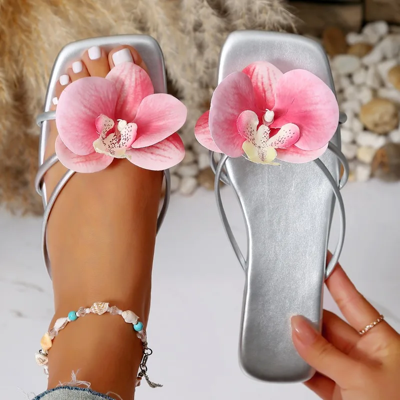 Flower Summer New High Heels for Women White Pink Blue Purple Floral High Heels Square Toe Prom Slippers Slingbacks for Women