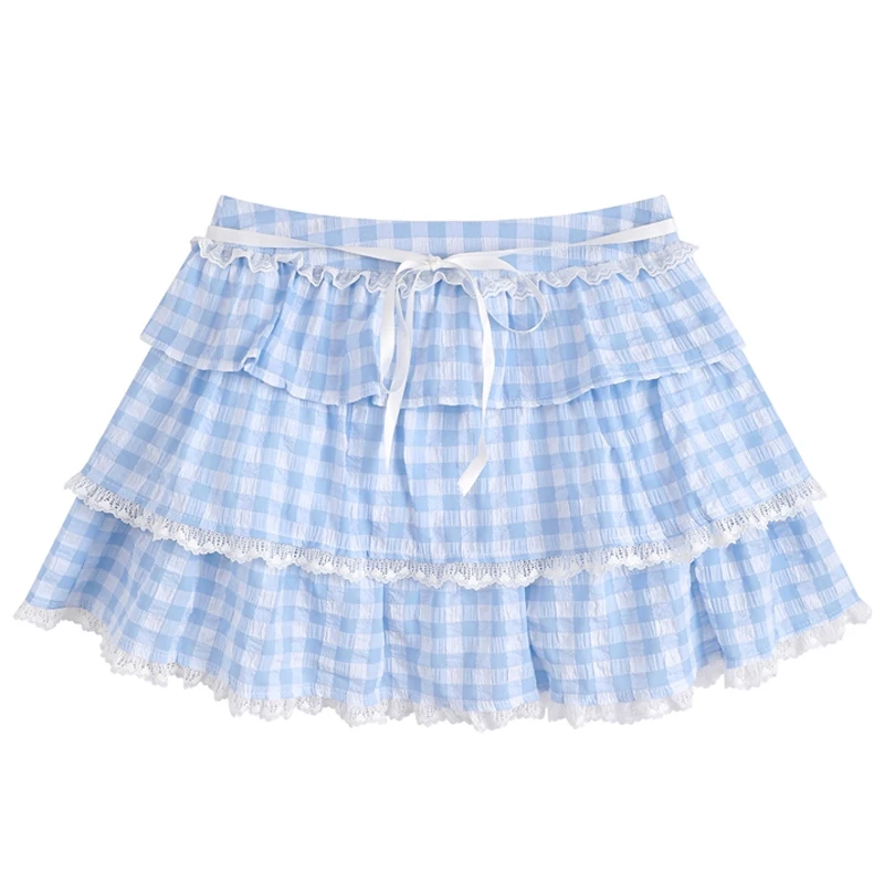 Maemukilabe Lolita Style Gingham Layers A-line Skirt Japanese Kawaii Lace Trim Mini Skirt Y2k Aesthetic Plaid Skirt Streetwear