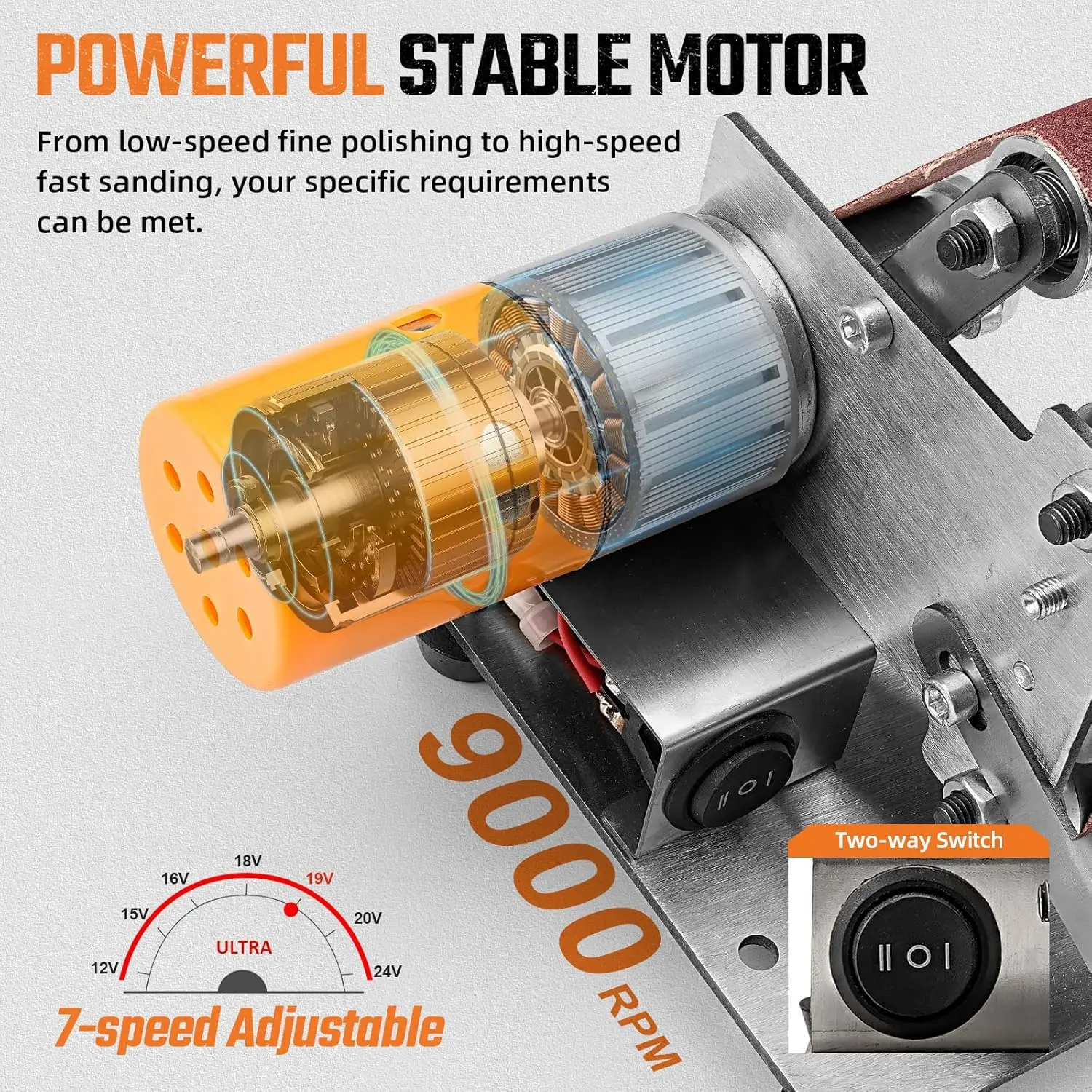 Obrázek 7: Mini elektrický pás bruska DIY leštění broušení stroj řezačka hran sharpenermultifunctional bruska 7-speed energie nástroje