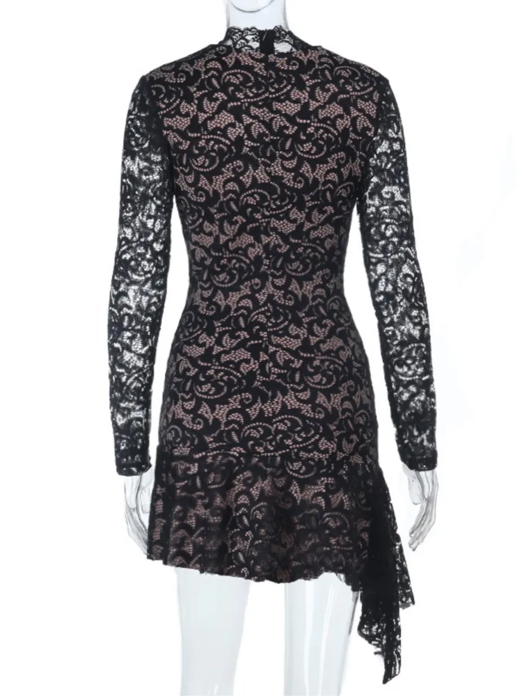 Summer Y2k Women's Dresses Sexy Sheer Mesh Lace Bodycon Dress Flared Long Sleeve V-Neck Mini Dress Party Club Evening Dresses