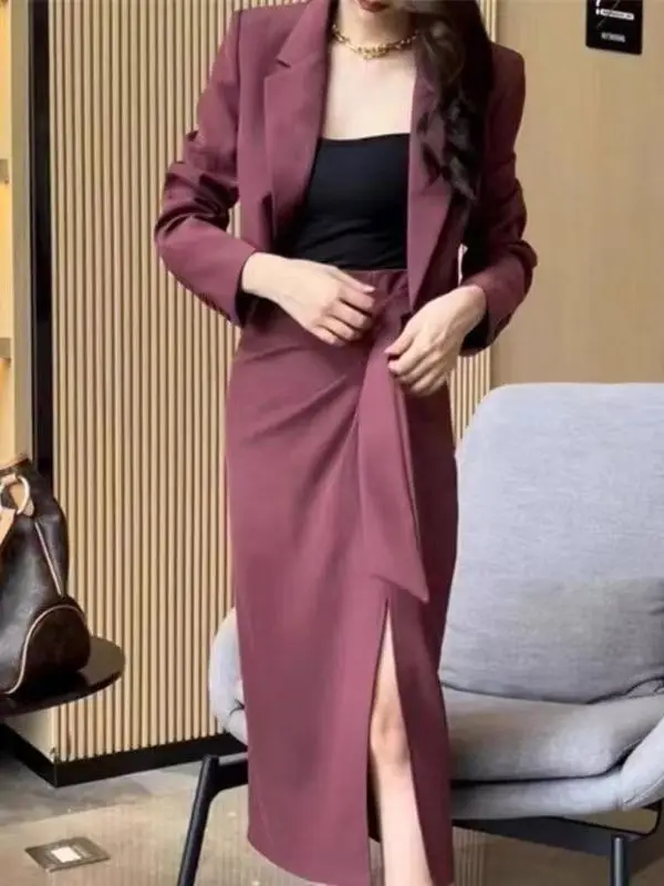 

Костюмный комплект больших размеров с длинным рукавом и юбкой с разрезом, в корейском стиле, для офиса, свободного кроя, с высокой талией, модный наряд больших размеров