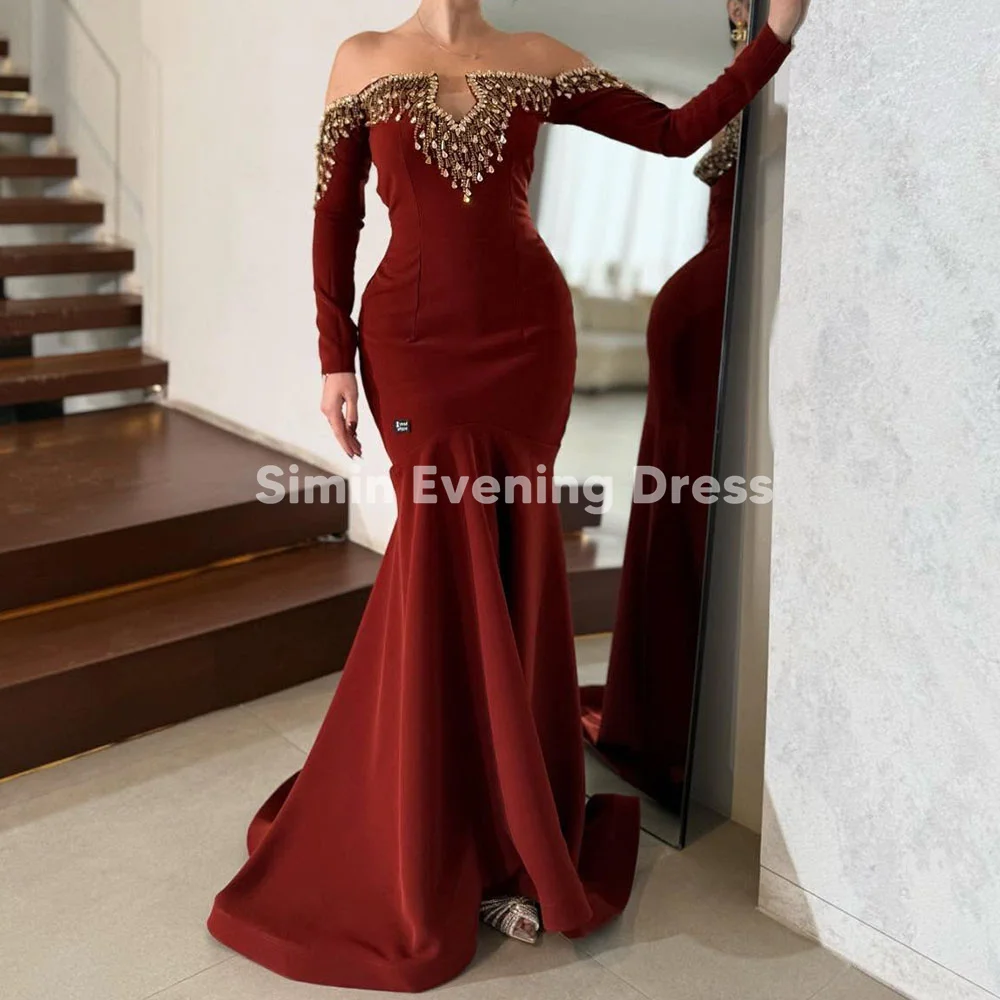 

Simin Women's Crepe Off-the-shoulder Beaded Mermaid Saudi Evening Dresses With Long Sleeves Formal Elegant Party Dresses2025