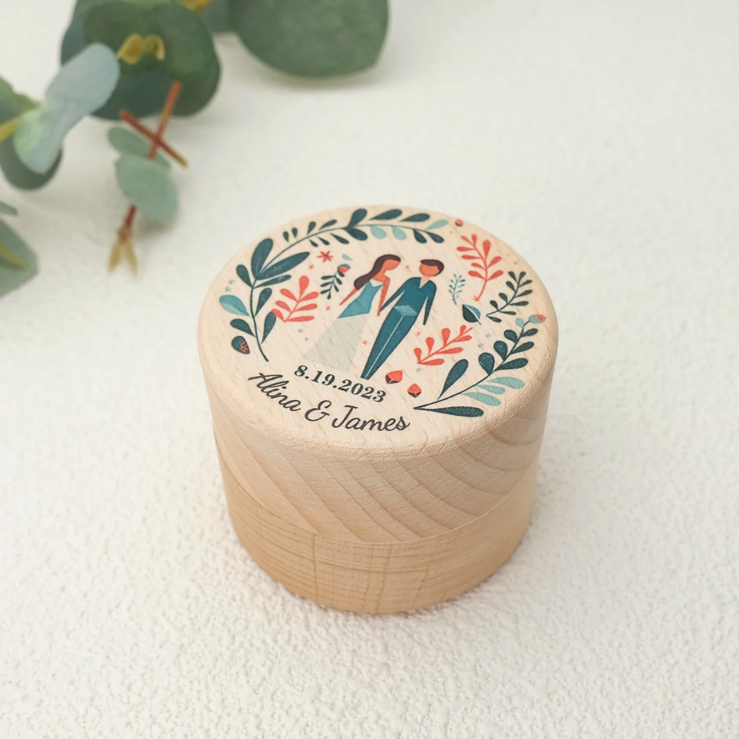 Personalized Wedding Ring  Box With Engraved Name and Date,Rustic Wooden Ring Holder with Mountain and Leafs Design