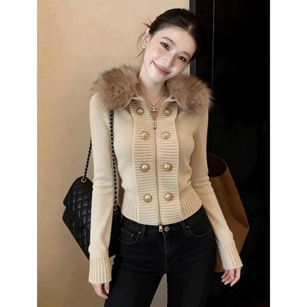 Chic Short Knitted Cardigan Women's Fashion Winter Outerwear Light Maturity Fur Collar 2026 New Style Commute Style Regular S...