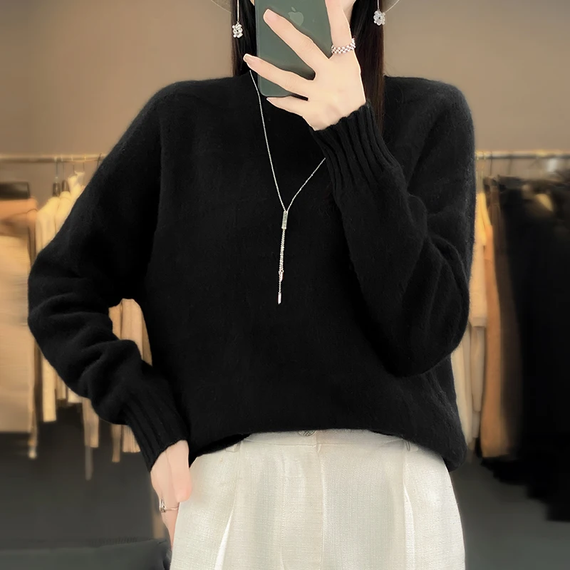 100% Merino Wool Knitted Sweater 2024 Autumn/Winter New Women's Half High Collar Thick Solid Pullover shirt Fashion tops