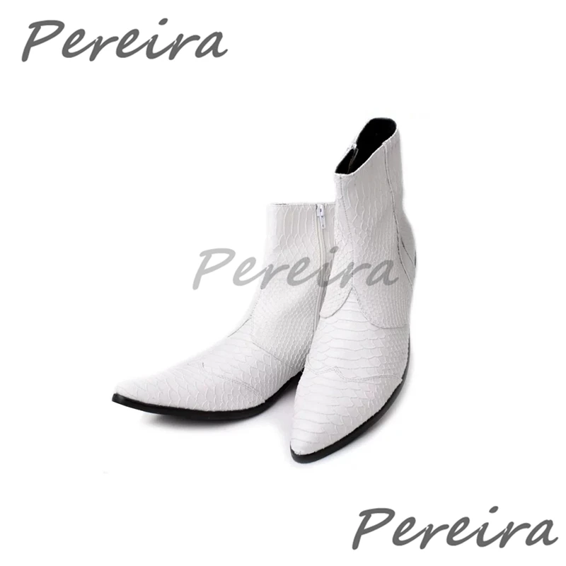 Black White Snake Patterned Short Boots Trendy Men's Pointy Toe Side Zipper Genuine Leather Handmade Boots Business Dress Shoes