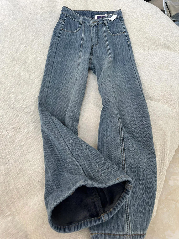 

Retro Blue Fleece Lined Straight Leg Jeans Women's Autumn Winter High Waist Slim Texture High End Feel Narrow Wide Leg Pants
