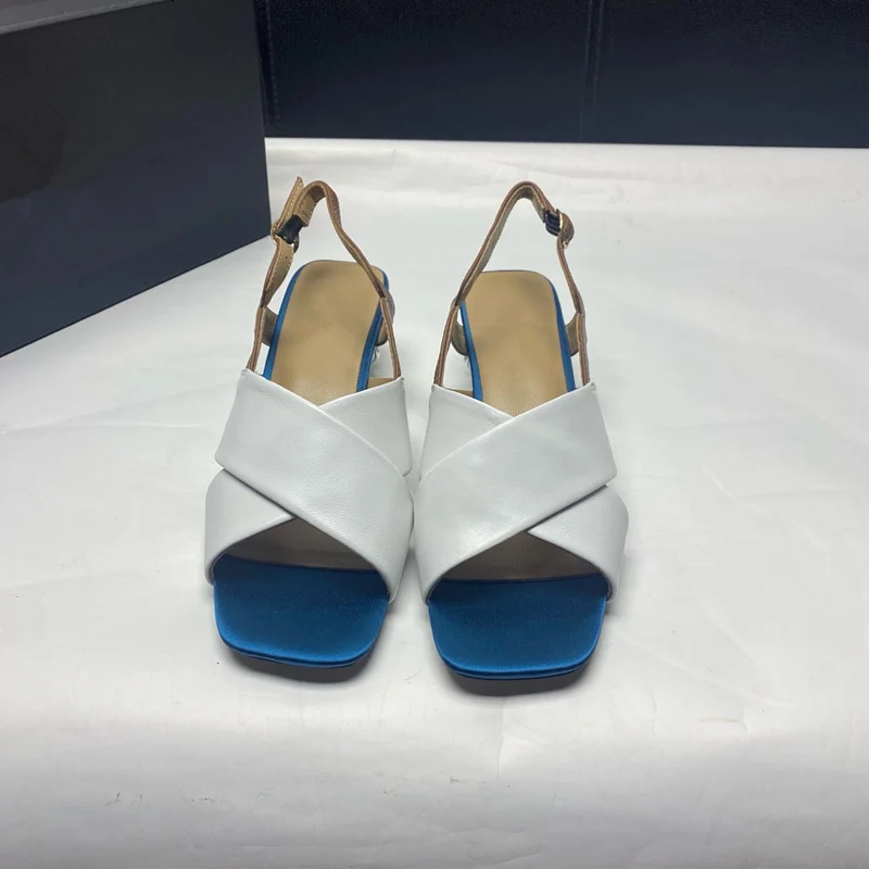 Withered British Fashion Summer Sandals Shoes Women Blue  White Color Cowhide Comfortable Commuting High Heel Sandals Women