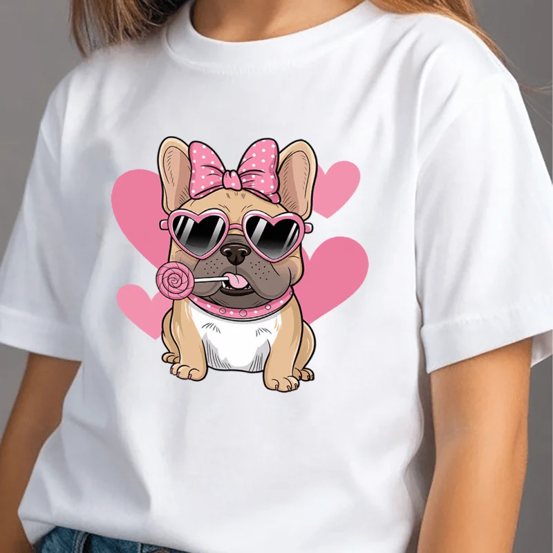 

Baby Girl Bulldog Print Short Sleeve Athletic T-Shirt Round Neck Cartoon Top 100% Cotton Casual Pullover Baby Clothes 3-13Y