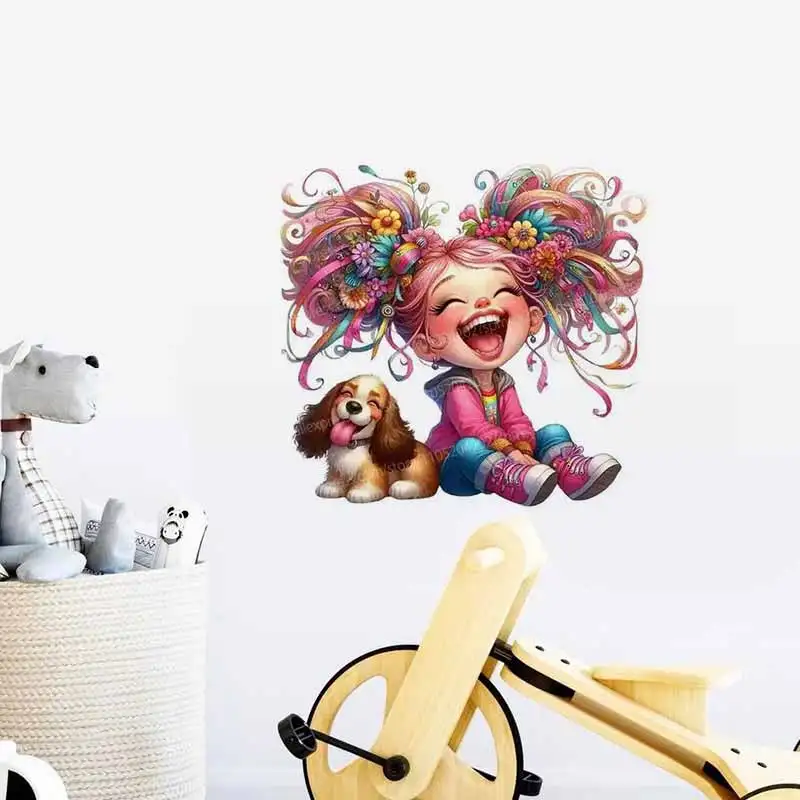 Children's Room Cartoon Hair Girl Animal Wall Stickers Colored Mural Decals for Bedroom Nursery Decoration