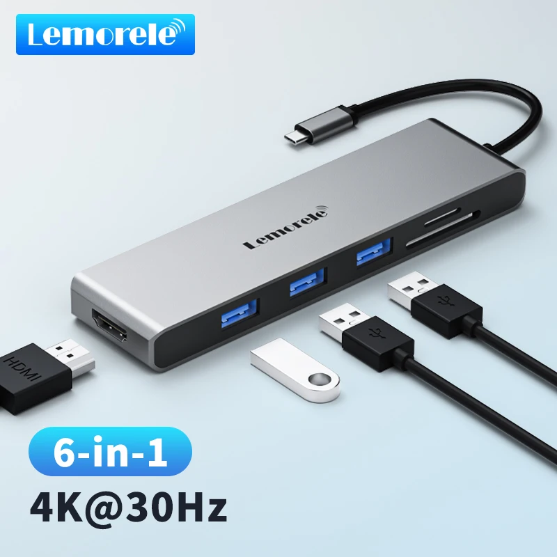 Lemorele 6-em-1 usb c hub tipo c para hdmi 4k 30hz, usb a 3.0 5gbps docking station tf sd 480 mb/s para computador portátil tablet