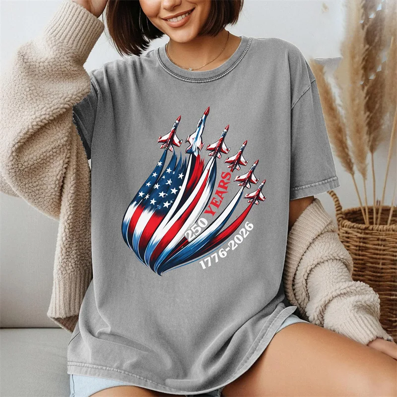 July 4th Jet Print T-shirt For Men And Women 250 Years Street Fashion Casual Short Sleeve T Shirts Graffiti Style Loose Tee Top