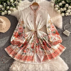 Neploe Sweet Stand Collar Lantern Sleeve Print Mujer Vintage Ethnic Style Pleated Slim Fit Robe Lace Up Button Panelled Vestidos