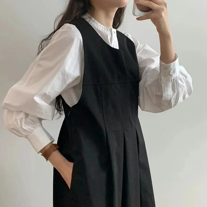 Korea Dongdaemun College Style Black Thin Strap Skirt White Design Stand-up Collar Shirt Set