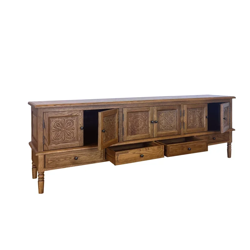 Country solid wood carving flower TV cabinet combination retro pastoral oak living room