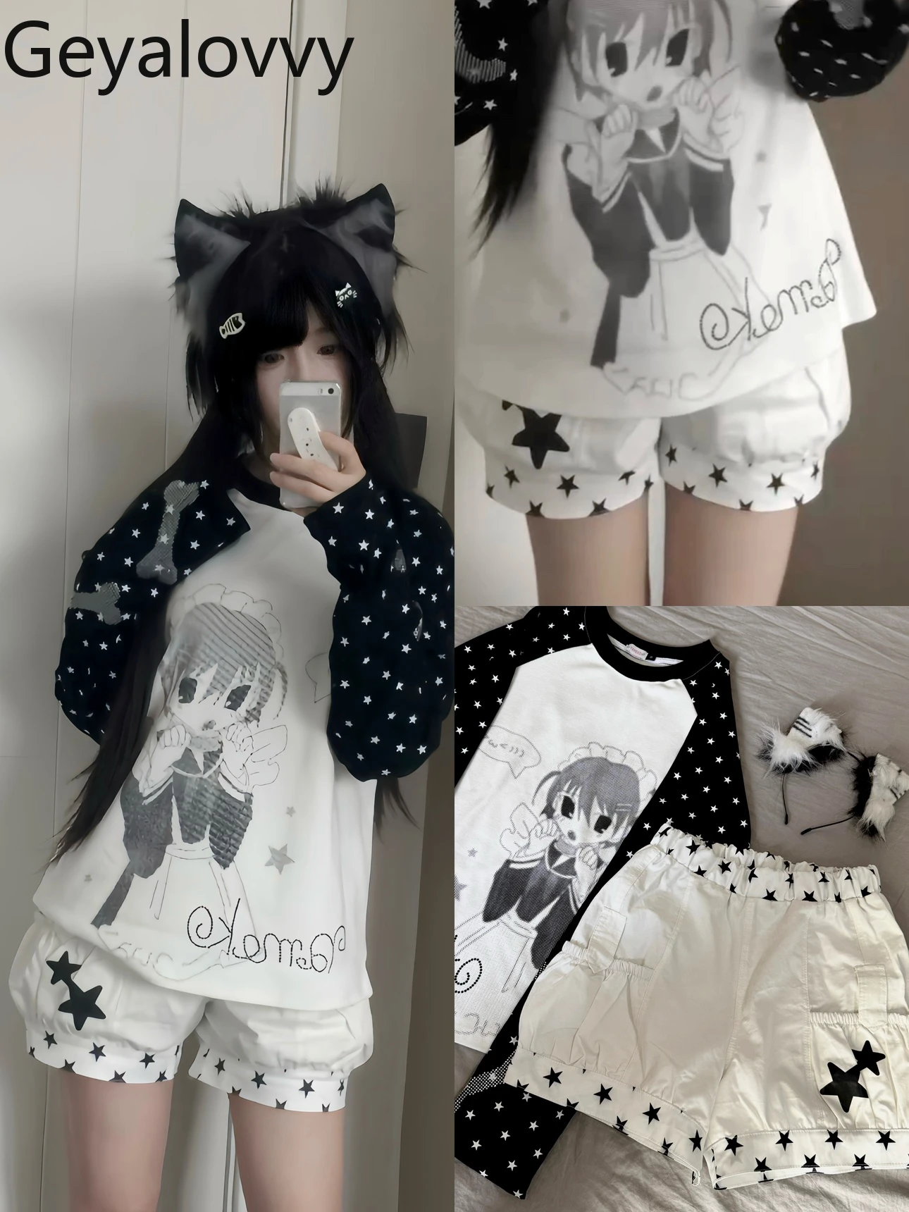 

Japanese Subculture Hot Diamond Animation Printing Splicing Color Long-sleeved Tshirt Summer New Sweet Casual T Shirt Top Y2k