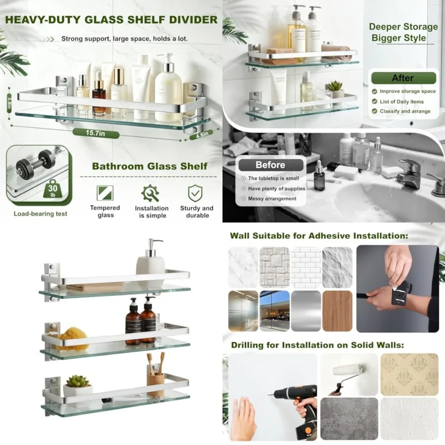 

3 Pack Bathroom Glass Shelf, Aluminum Tempered Glass 0.3in Extra Thick Rectangular 1 Tier Storage Organizer Wall Mount, Silver