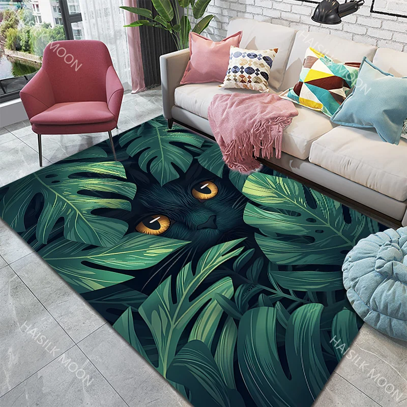 1PC Kitten Under Green Leaves Pattern Carpet for Living Room Bedroom Sofa Home Decor Non-slip Floor Mat Large Size Luxury Gift