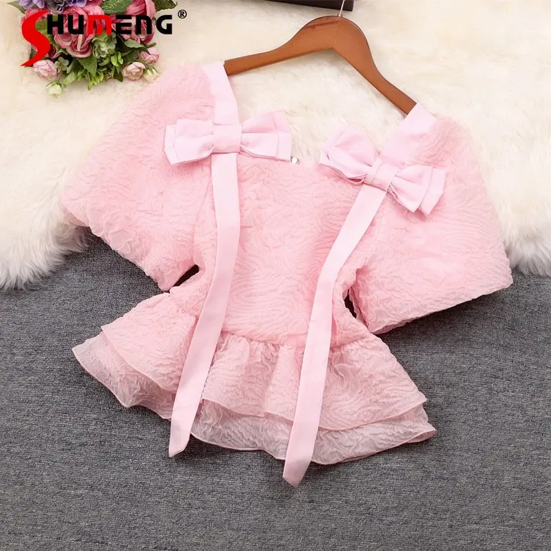 

2023 Summer Women's Clothing Blouse New Design Sense Bow Slim Fit Ruffled Chiffon Shirt Solid Color Short Sleeve Trendy Top