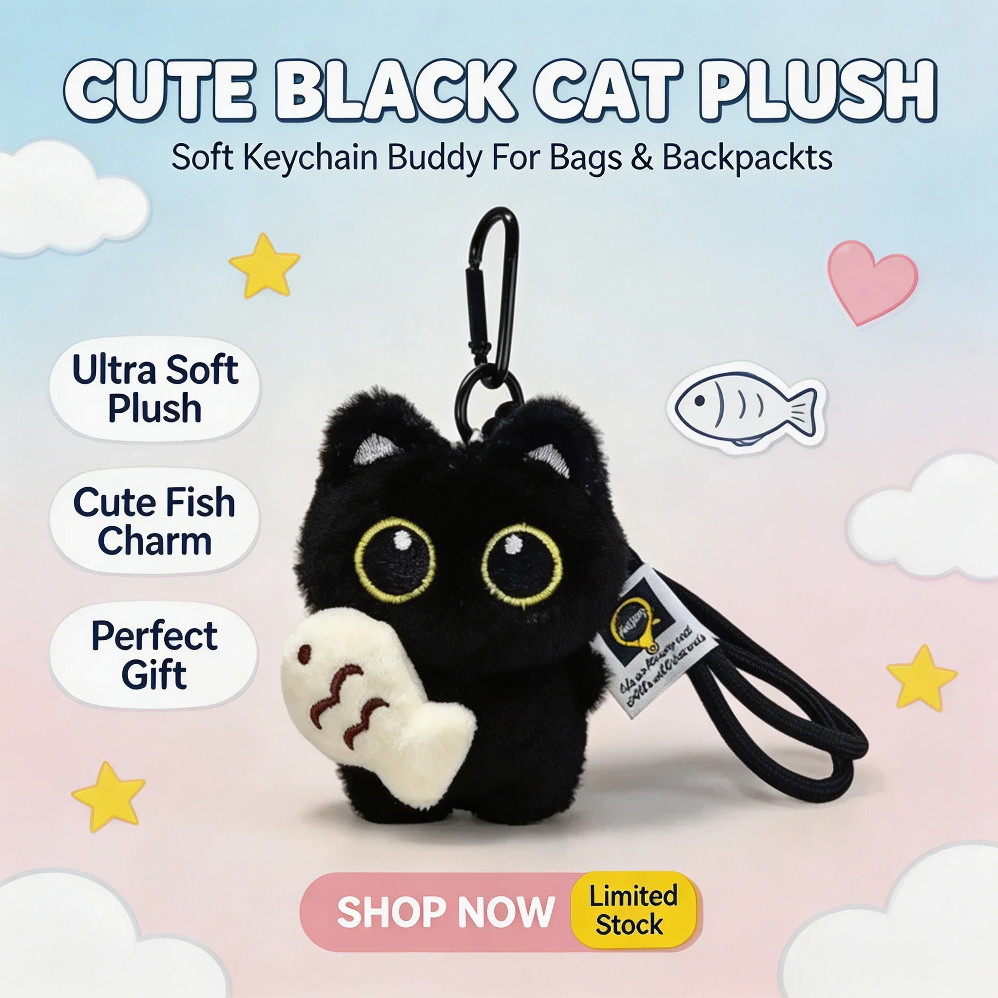 Cool Plush Black Cat Rearview Mirror Pendant Decoration Cute Keychain Bag Charm Car Accessory