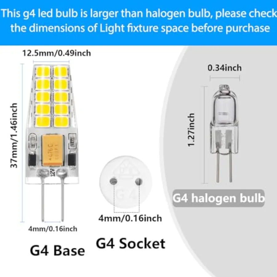 G4 LED Bulb 12V AC/DC 2.5W Equivalent 30W T3 Bi-Pin Base G4 Light Bulbs 300 Lumens 30°Beam Angle for Chandelier, Table lamp, Ou