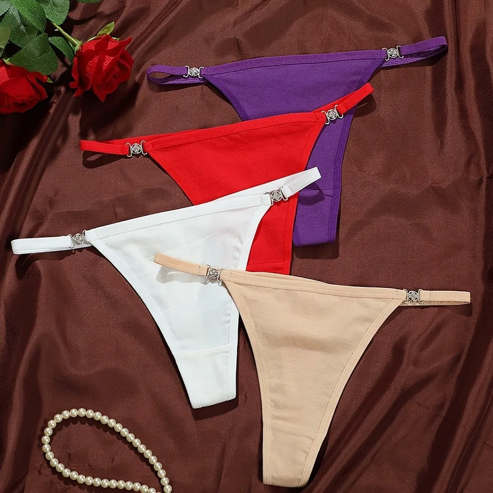 Sweet Cotton Crotch Rhinestone Thongs Traceless Low Waist Bikini Briefs Underpants Solid Color T-back Panties Underwear