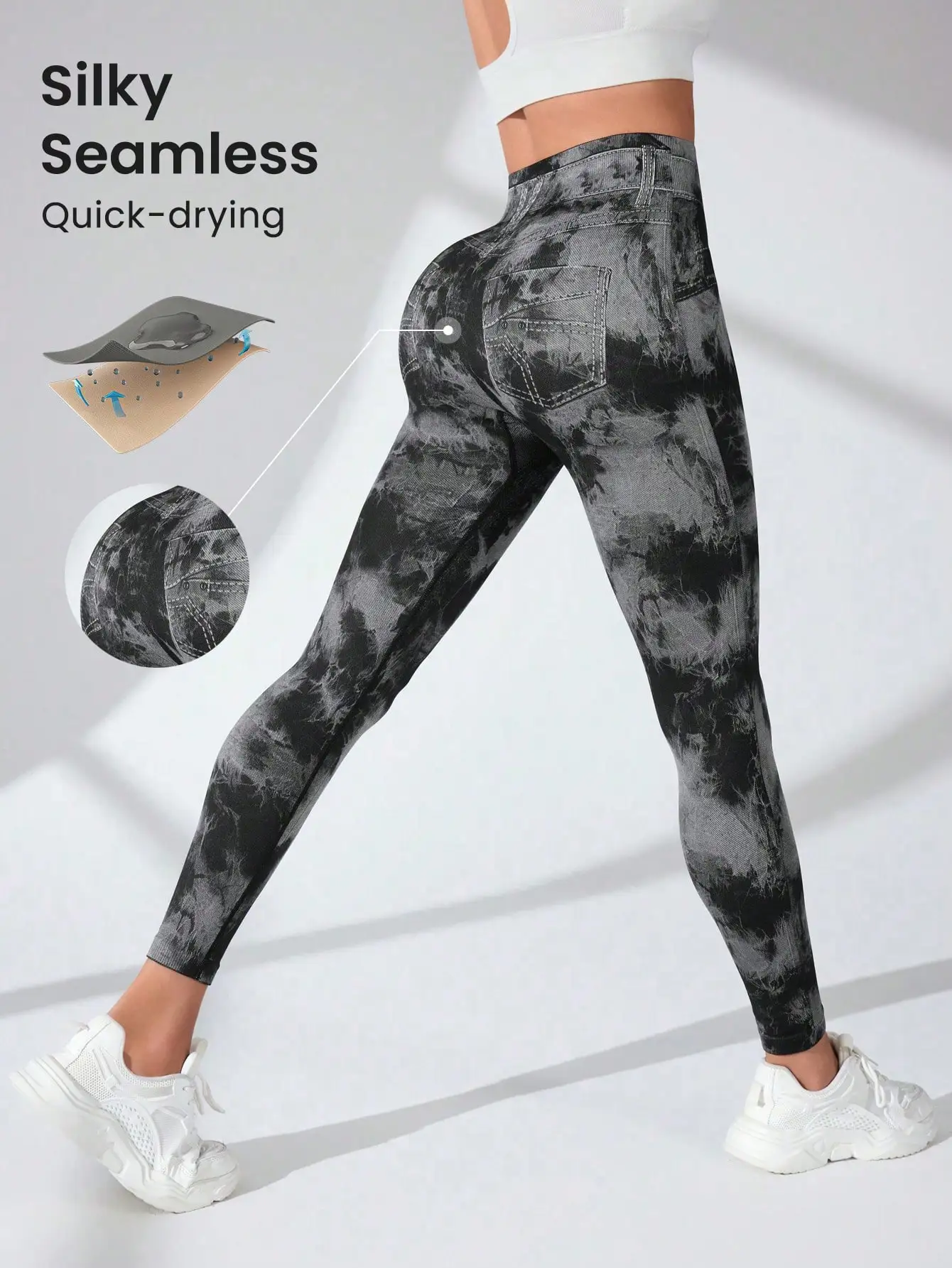 Tie Dye Imitation Denim Leggings Women High Waist Seamless Yoga Pants Quick Drying Push Up Peach Hip Fitness Workout Tights Gym