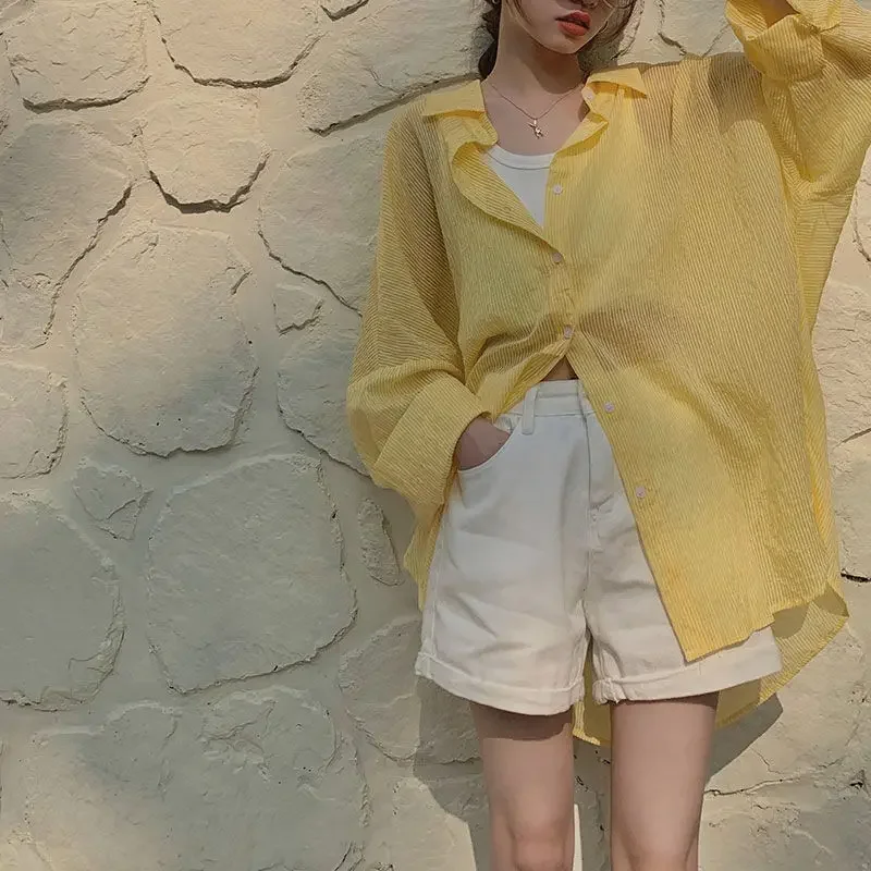 2025 Yellow Stripe Shirts Women Summer Stripe Mid Length Shirt Versatile Loose Thin Blouse Female