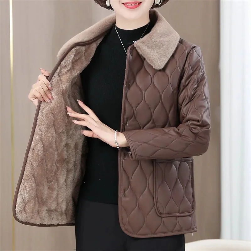 Chaqueta de lana de cuero PU para mujer, abrigo corto, prendas de vestir de mediana edad exteriores, Tops cálidos delgados, chaquetas acolchadas de algodón peludo, Invierno