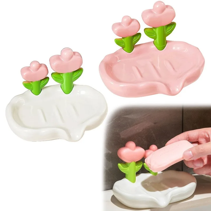 Tulip Design Drain Soap Dish No Drilling Required with Drainage Trough Soap Tray Solid Color Anti-slip Soap Storage Rack