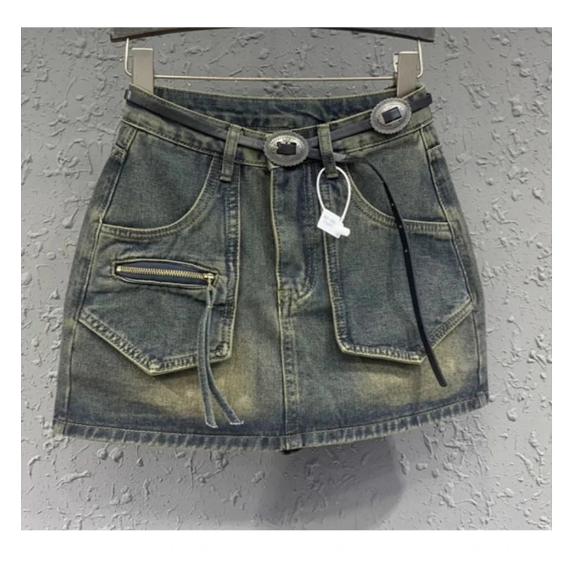 retro spicy girl denim short skirt, female design, slim fit and slimming, word wrapped hip skirt, small short skirt