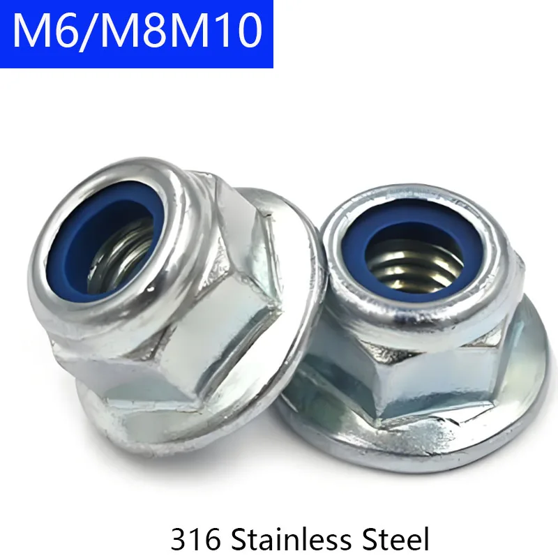 M6 M8 M10 316 Stainless Steel Flanged Nyloc Nuts Flange Nylon Insert Locking Nut Hexagon Nuts