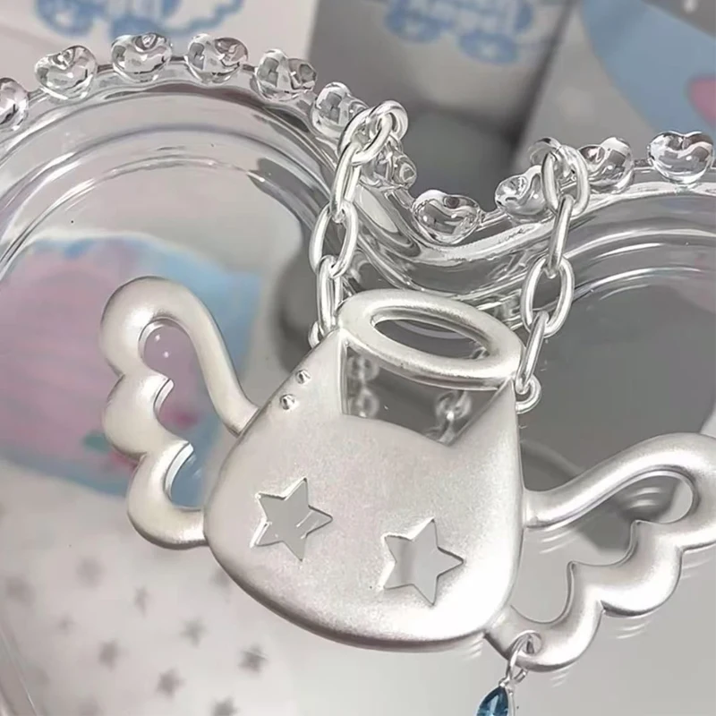 Y2K Jewelry Wing Cat Pendant Necklace for Women Korean Fashion Blue Crystal Star Pendant Necklace Punk Charm Accessories