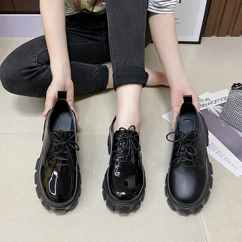 2021 spring Lace Up Chunky Oxfords Shoes Women Loafers Black PU Leather Platform Flats Women Casual Derby Shoes Plus Size 35-43