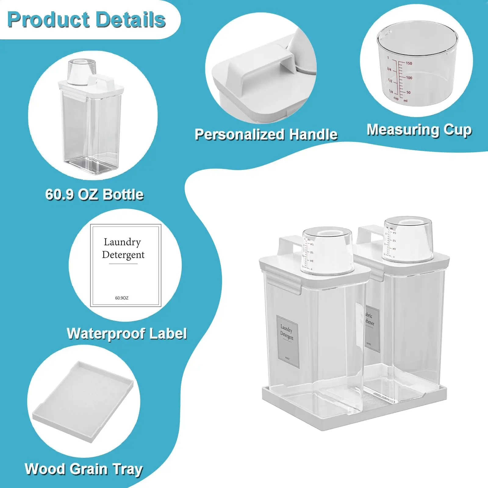 2 عبوة من موزع منظفات الغسيل السائل، حاويات صابون الغسيل سعة 61 أونصة، موزع مسحوق الغسيل البلاستيكي الشفاف لغرفة الغسيل