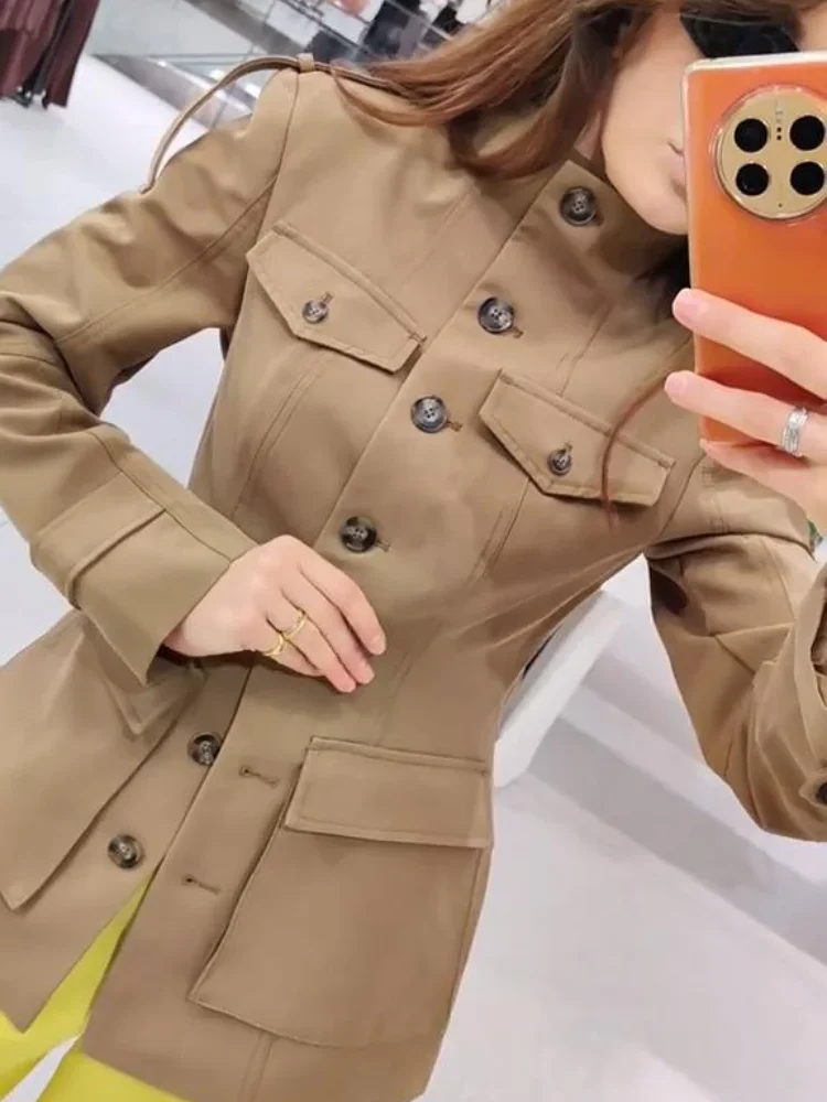 

Элегантный Тренч с воротником-стойкой, женская куртка с длинными рукавами и карманами, осень 202, уличная женская однобортная верхняя одежда