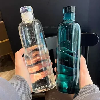 Bouteille d'eau en plastique transparente avec échelle de temps, grande capacité, étanche, goutte, clic de degré, tasse pour sports de plein air, voyage
