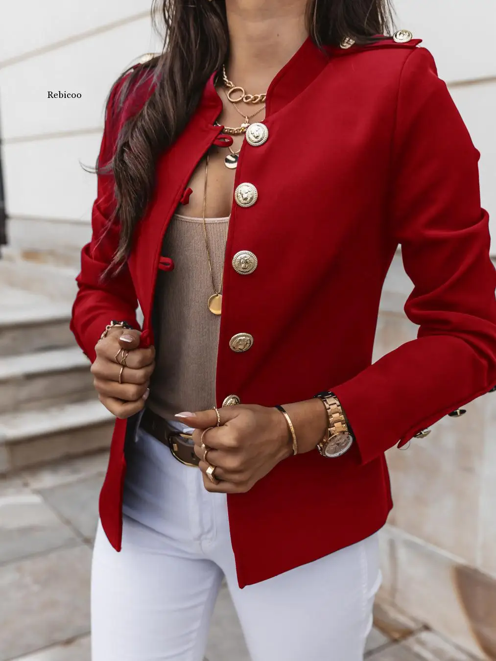 

2021 New Fashion Stand Collar Blazers Women Solid Colors Single Breasted Office Jacket Long Sleeve Multi Button Slim Work Blazer