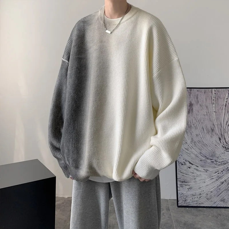 2026 New Gradient Color Men's Autumn Winter Knitted Round Neck Long Sleeved Pullover Korean Fashion Casual Loose Sweatshirt