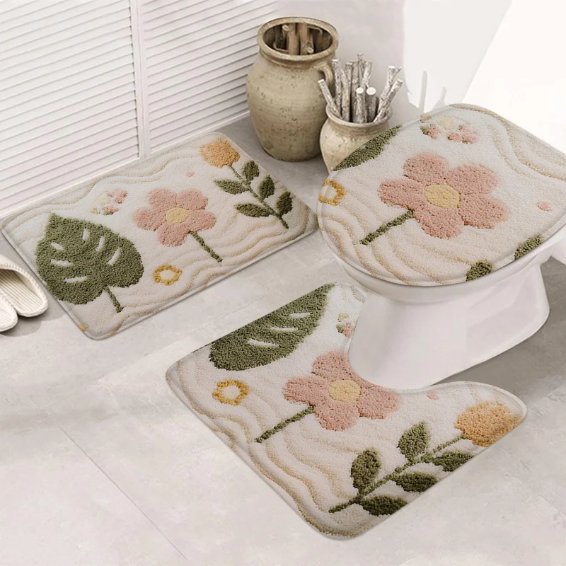 3PCS Floral Bath Mat Set: U-Shaped Absorbent Flannel with Anti-Slip Back for Toilet & Bathtub