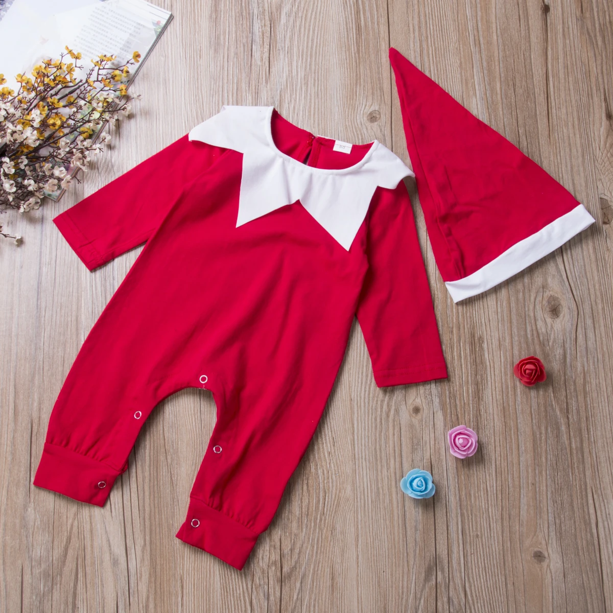 Newborn Baby My First Christmas Outfit Boy Girl Elf Santa Claus Costumes Long Sleeve Romper Jumpsuit with Hat Set