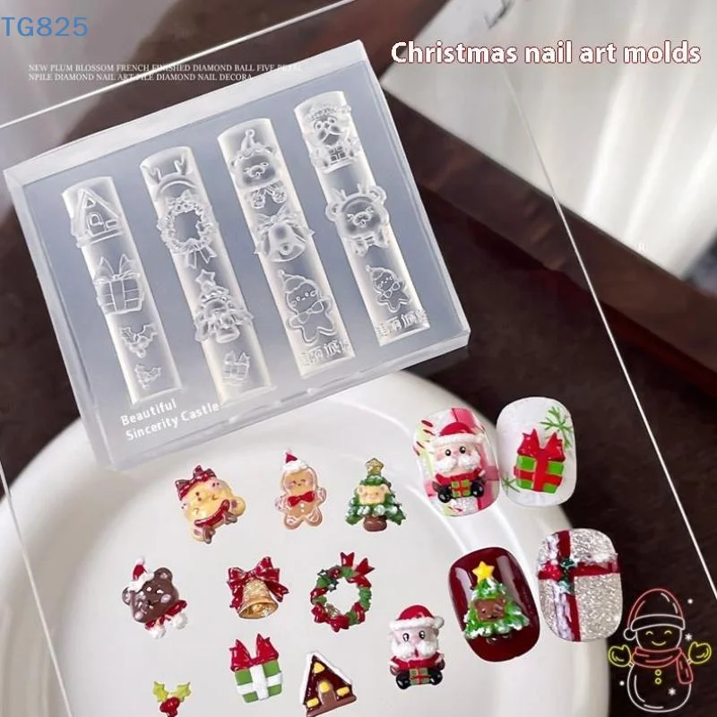 【AN】1Pcs Cartoon Christmas Silicone Nail Mold French Style 3D Relief Nail Template DIY Nail Art Decorations Nail Art Mold