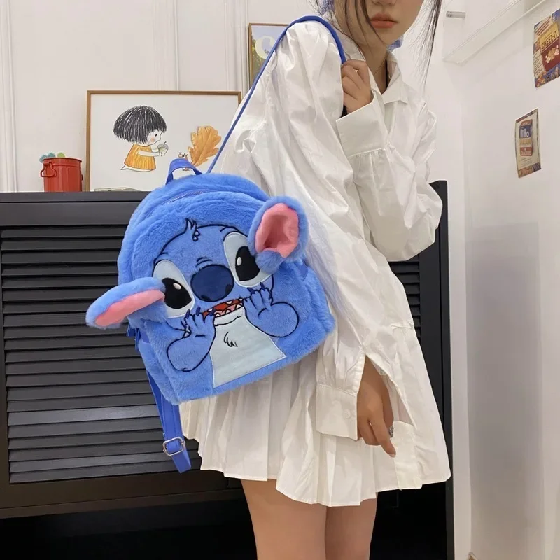 Hot Disney Plush Backpack Kawaii Cartoon Stitch Large Capacity Student Schoolbag Cute Anime Pink Kindergarten Bag Kid Girl Gifts