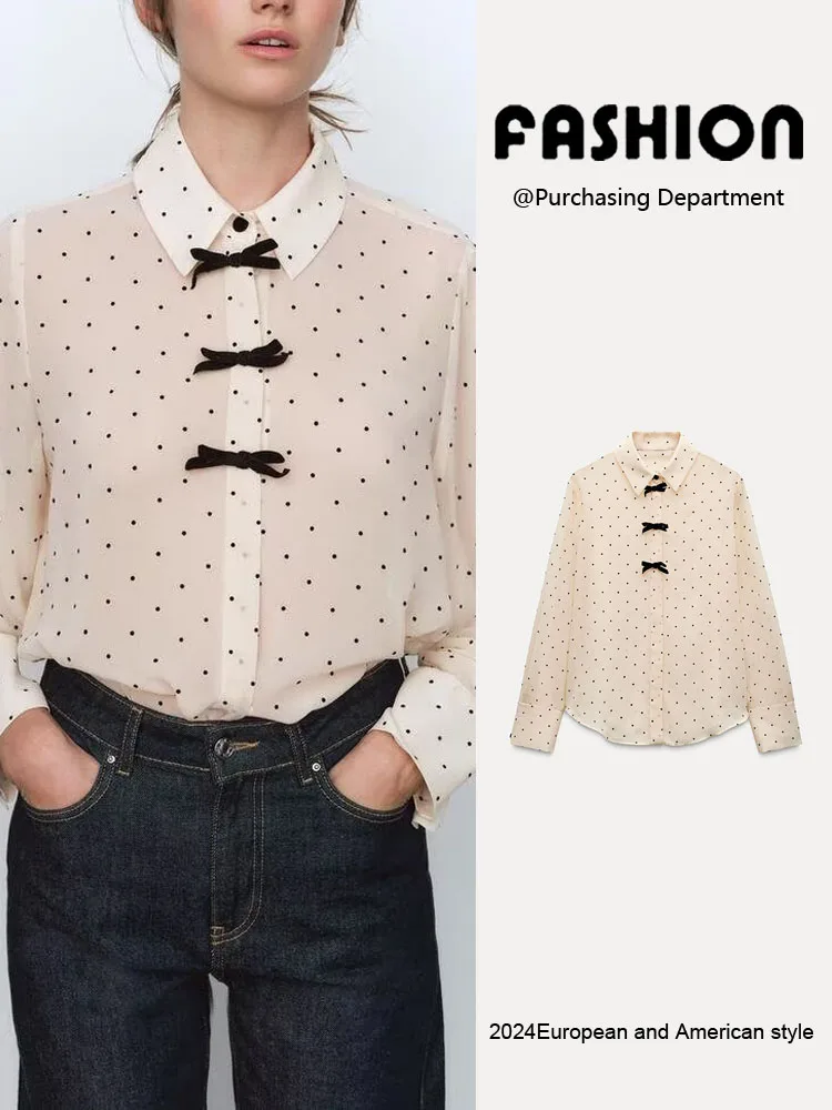 Lente nieuwe collectie dames casual irt met stippen vlinderdas lange Sve turn-down kraag losse pasvorm woon-werkverkeer sle 236623