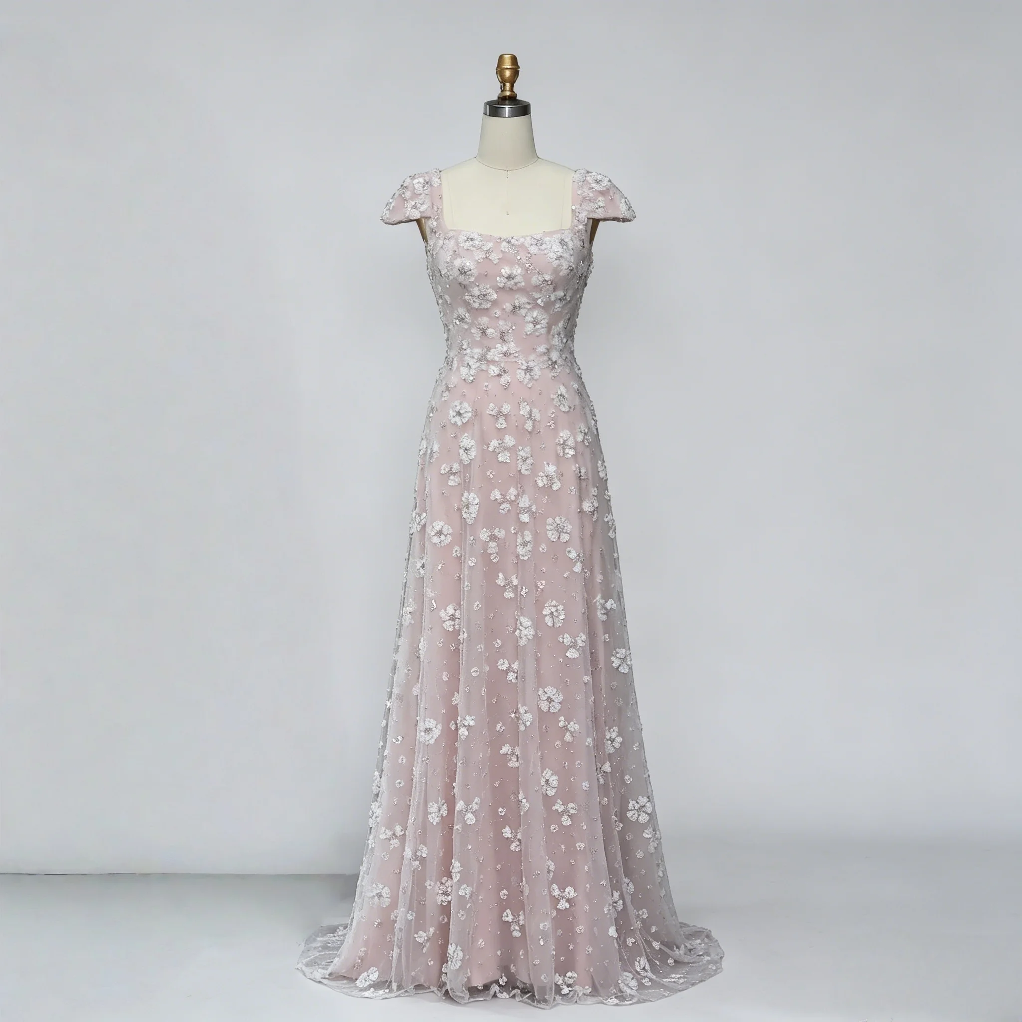 Elegant Blush Pink Floral Long Evening Dress 2026 Wedding Sqaure Neckline Open Back Party Prom Gowns Size Customization