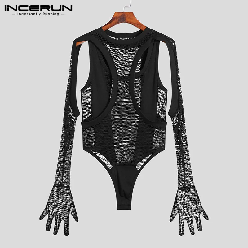 Incerun Mannen Bodysuits Mesh Patchwork Transparante O-hals Lange Mouw Handschoenen Rompertjes Mannen Hollow Out 2023 Sexy Onregelmatige Bodysuit