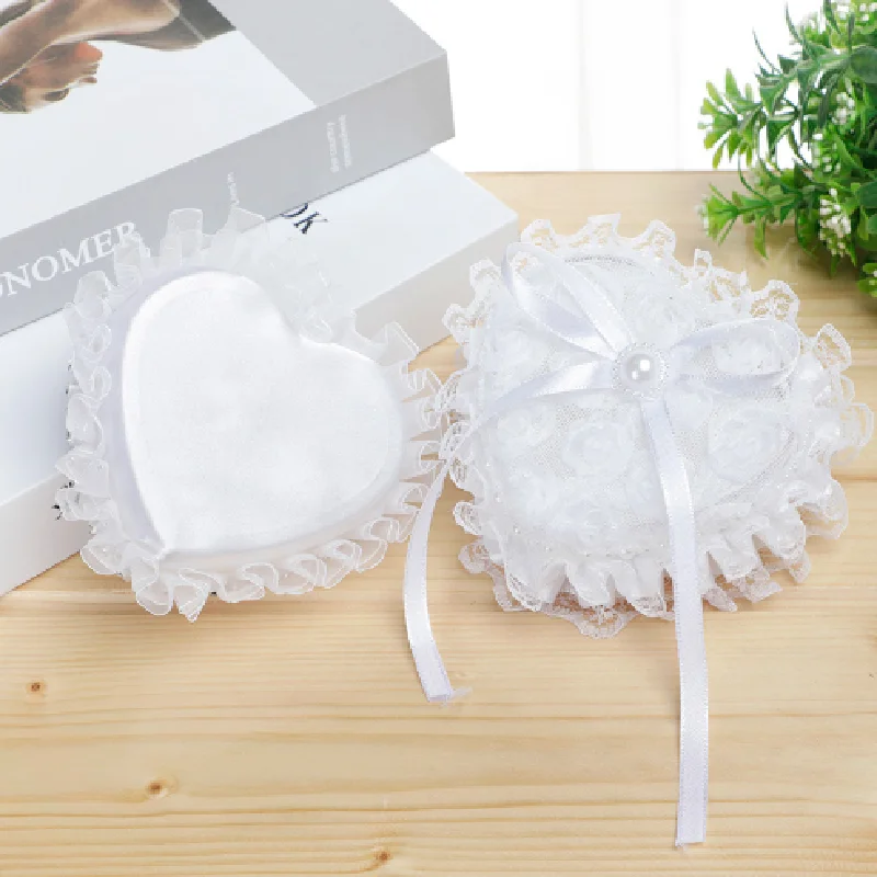 Ring Box Heart Wedding Lace Holder Pillow Ceremony Pillows Jewelry Bearer White Shape Boxes Pearl Rhinestone Case Love Proposal