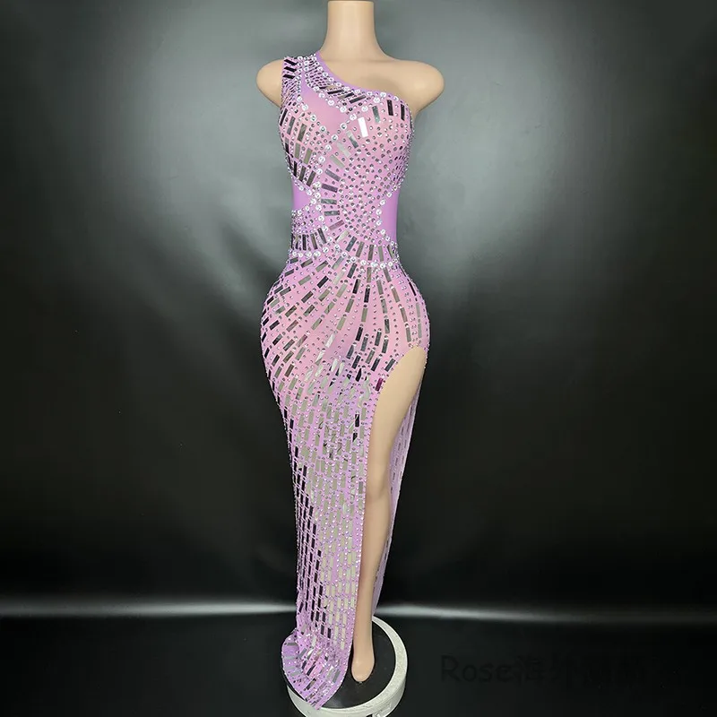 ชุดราตรีหรูหราสำหรับผู้หญิง ไหล่เฉียง ผ่าข้างสูง แต่งกระจก เหมาะสำหรับงานวันเกิด งานพรอม งานเฉลิมฉลอง ชุดสำหรับพิธีกร นักร้อง ชุดแสดงบนเวที yj284