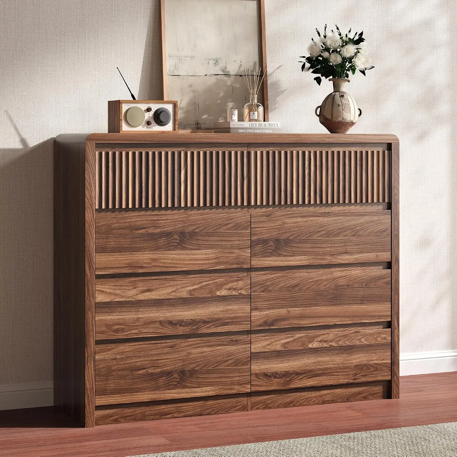 Fluted 8 Drawer Dresser for Bedroom, 50” Wide Modern Dresser & Chest of Drawers with Curved Profile Design, Wood, Customized